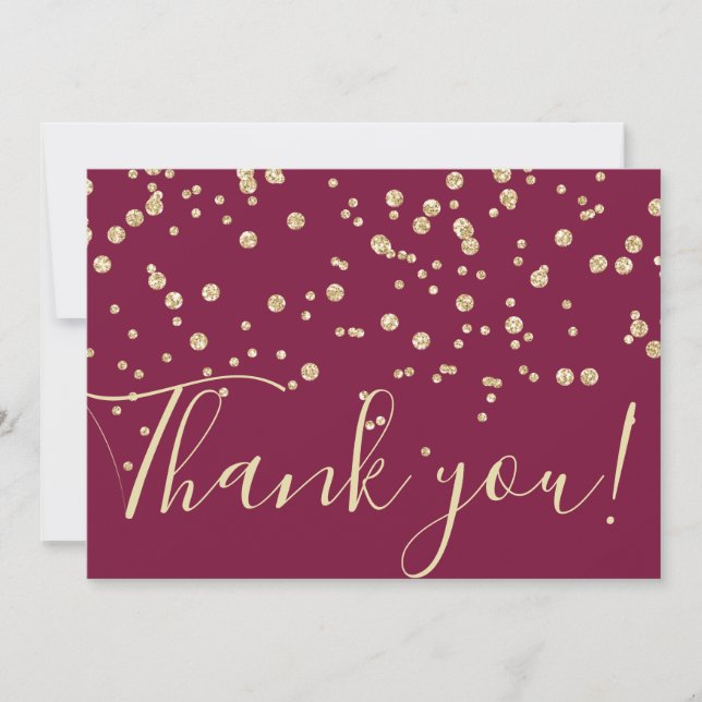 Gold Glitter Chic Confetti Burgundy Red Typography Thank You Card (Front)