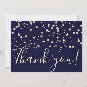 Gold Glitter Chic Confetti Navy Blue Typography Thank You Card