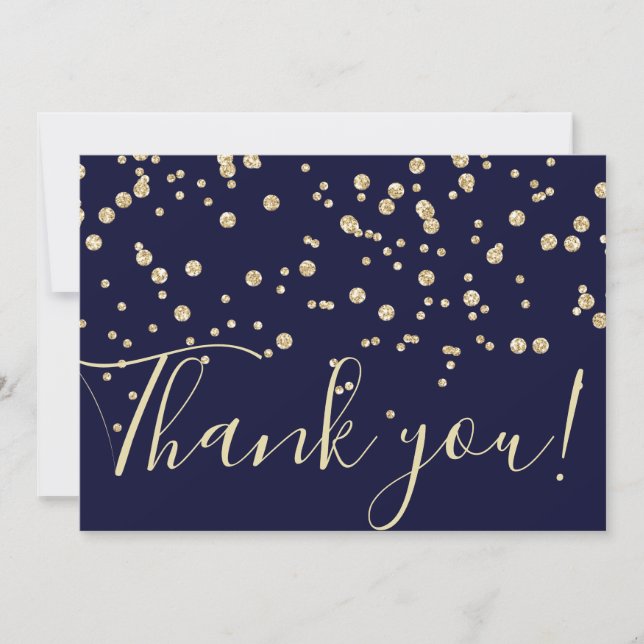 Gold Glitter Chic Confetti Navy Blue Typography Thank You Card (Front)