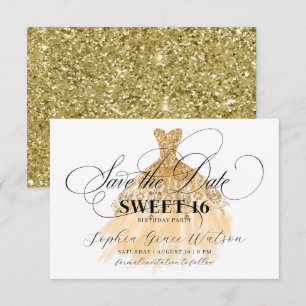 Gold Glitter Chic Dress Sweet 16 Birthday Save The Date