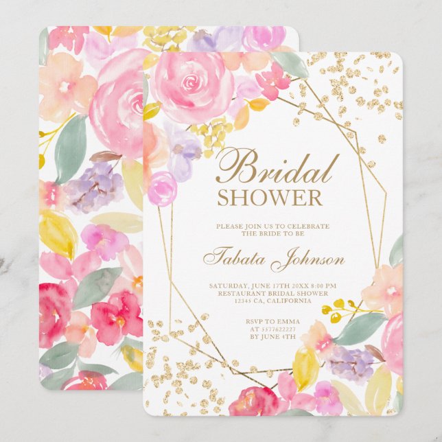 Gold glitter chic floral watercolor Bridal shower Invitation (Front/Back)