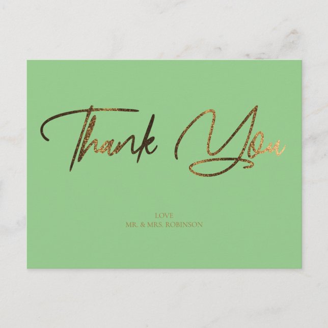 Gold Glitter Chic & Mint Thank You Custom Postcard (Front)