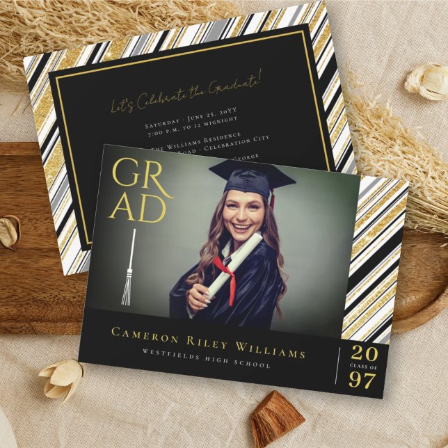 Gold Glitter Chic Stripes Photo Graduation Party Invitation (Creator Uploaded)