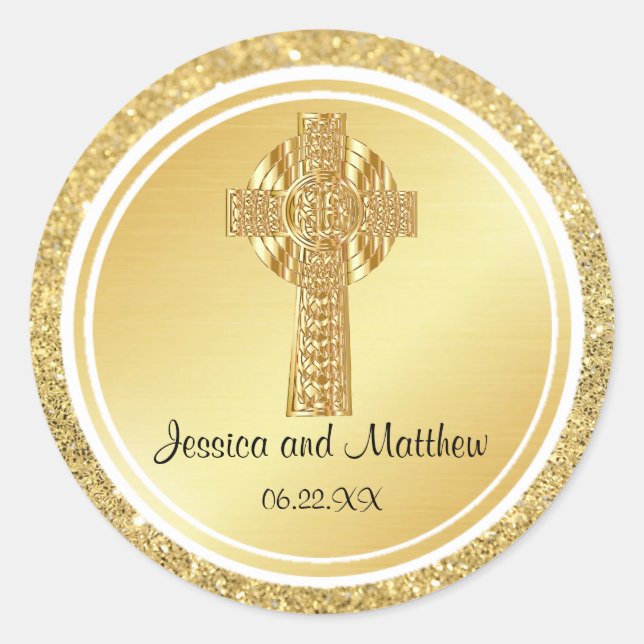 Gold Glitter Christian Wedding Sticker with Cross (Front)