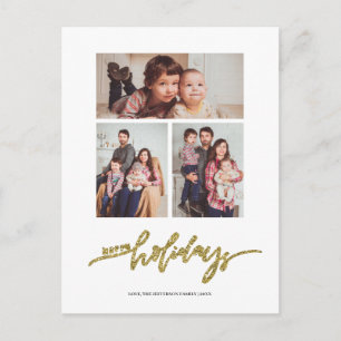 Gold Glitter Christmas 3 Photo Collage Holiday Postcard