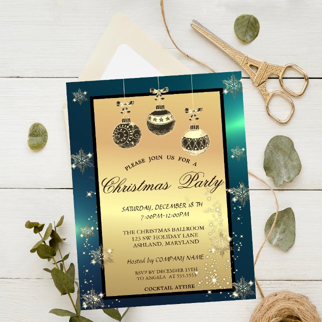 Gold Glitter, Christmas Balls Green Company Party Invitation (Creator Uploaded)