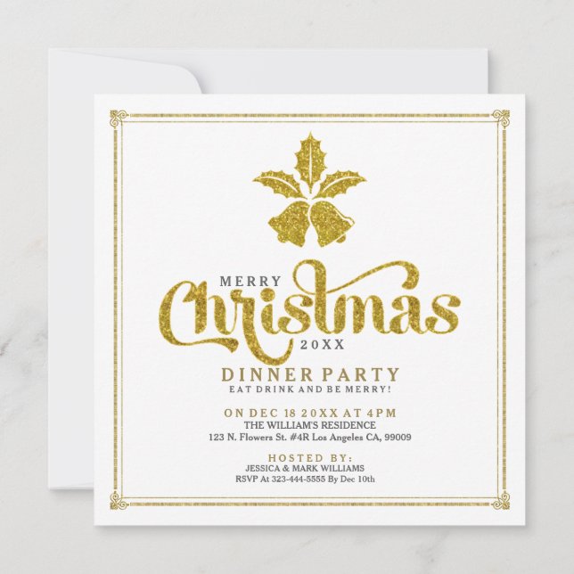Gold Glitter Christmas Bells Dinner Invite (Back)