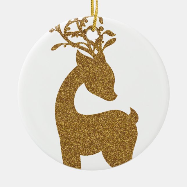 Gold Glitter Christmas Holiday Reindeer Ceramic Tree Decoration (Front)