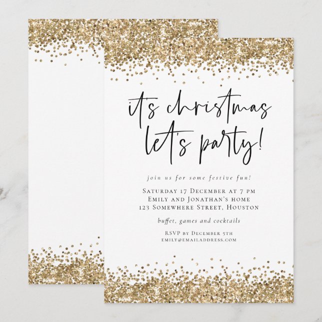 Gold Glitter Christmas Let’s Party Glam Invitation (Front/Back)