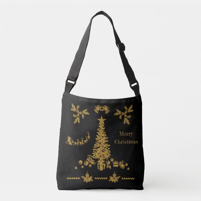 Gold Glitter Christmas, Merry Christmas  Crossbody Bag (Front)