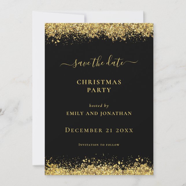 Gold Glitter Christmas Party Save Date Black card  (Front)