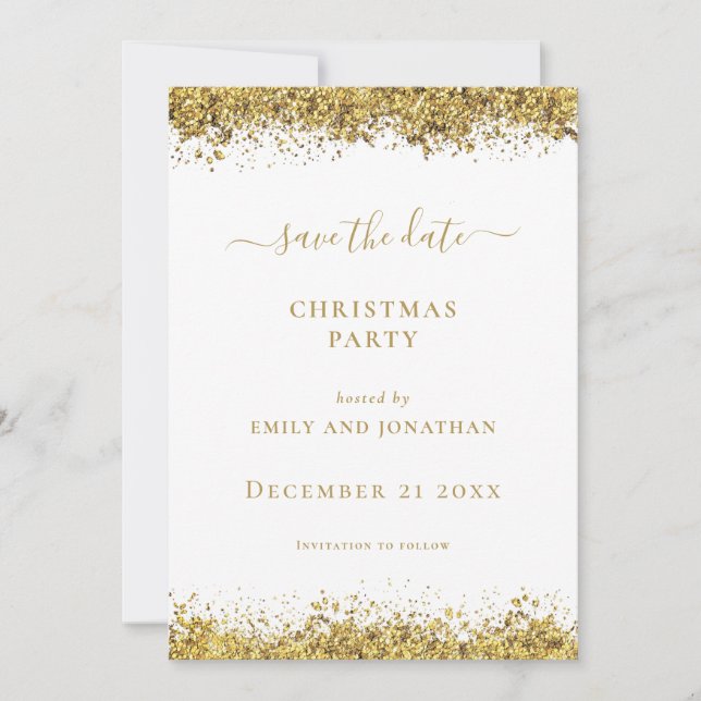 Gold Glitter Christmas Party Save the Date card (Front)