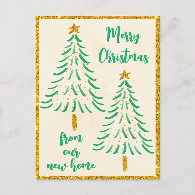 Gold Glitter Christmas Tree Holiday We've Moved  Announcement Postcard (Front)