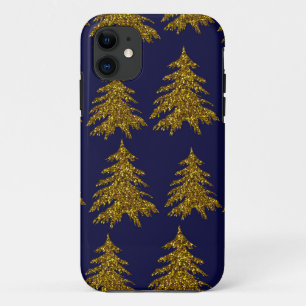 Gold glitter Christmas tree on blue background iPhone 11 Case