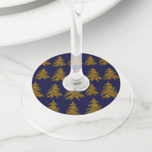 Gold glitter Christmas tree on blue background  Wine Glass Tag