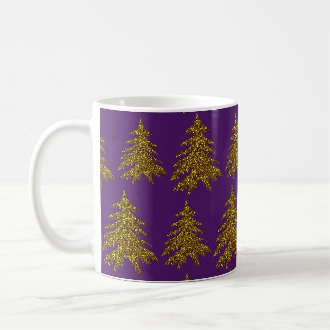 Gold glitter Christmas tree on purple background  Coffee Mug (Left)