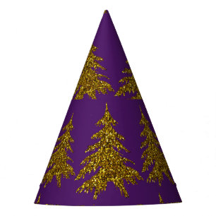 Gold glitter Christmas tree on purple background Party Hat