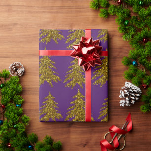 Gold glitter Christmas tree on purple background Wrapping Paper