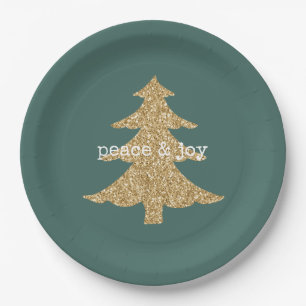 Gold Glitter Christmas Tree Pine Green Peace Paper Plate