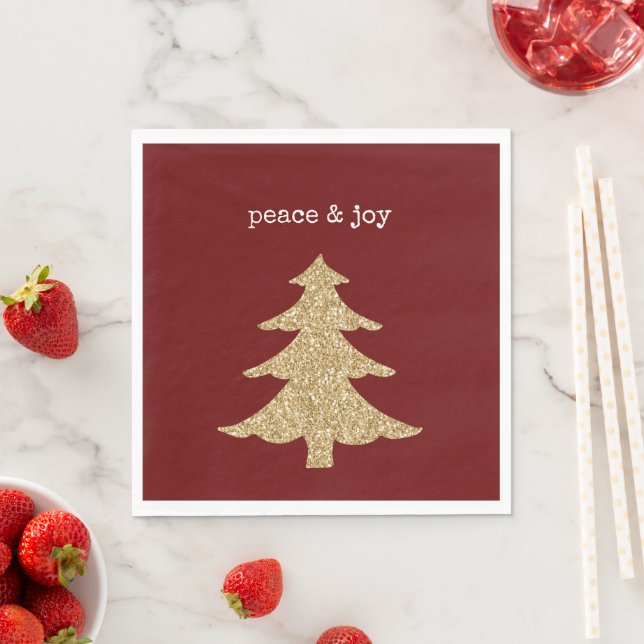 Gold Glitter Christmas Tree Red Peace Napkin (Insitu)