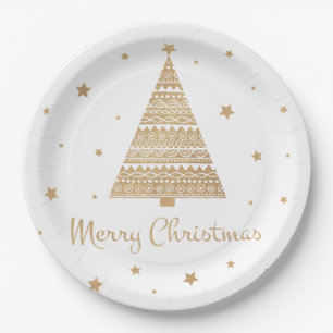 Gold Glitter Christmas Tree Star Merry Christmas Paper Plate