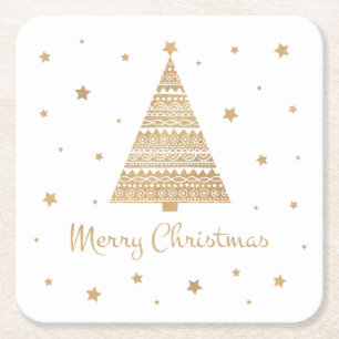 Gold Glitter Christmas Tree Star Merry Christmas Square Paper Coaster