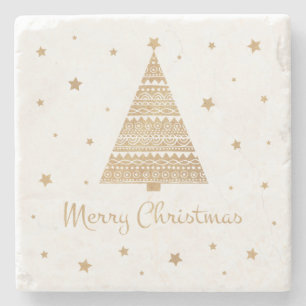 Gold Glitter Christmas Tree Star Merry Christmas Stone Coaster