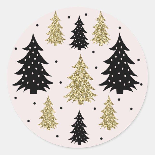 Gold Glitter Christmas Trees Blush Holiday Theme Classic Round Sticker (Front)