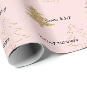 Gold Glitter Christmas Trees Blush Pink Wrapping Paper