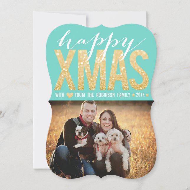 Gold Glitter Christmas Typography Photo Flat Card (Front)