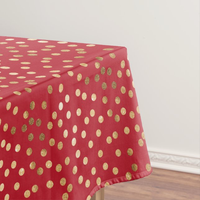 Gold Glitter City Dots on Garnet Red Tablecloth (In Situ)