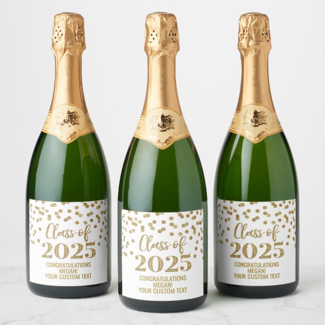Gold Glitter Class of 2025 Graduation Sparkling Wine Label (Bottles)