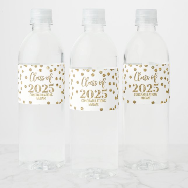 Gold Glitter Class of 2025 Graduation Water Bottle Label (Bottles)