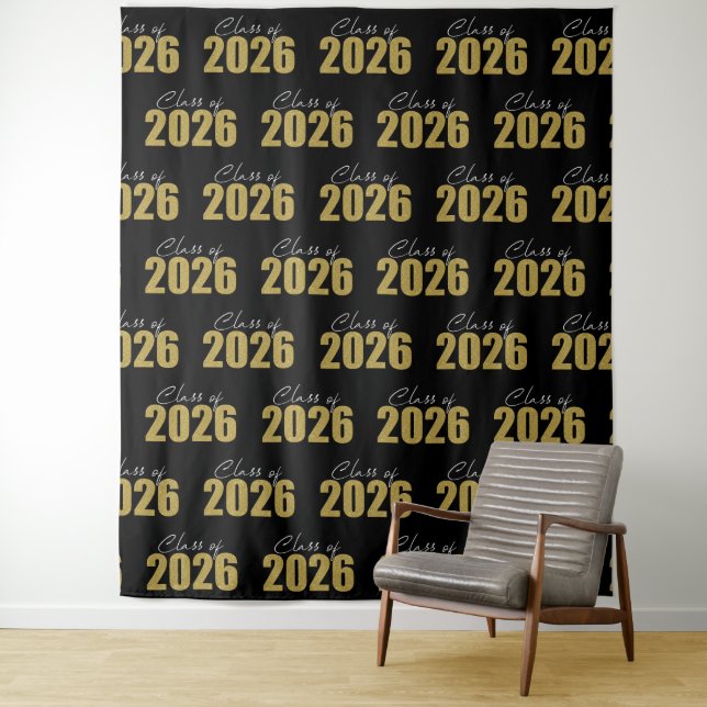 Gold Glitter Class of 2026 Photo Backdrop Tapestry (In Situ)