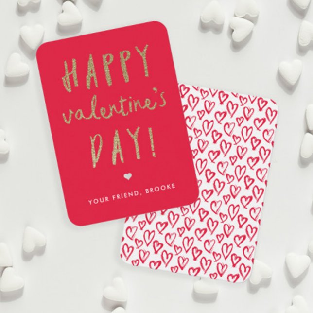 Gold Glitter Classroom Happy Valentine’s Day Card (Gold Glitter Handwritten Classroom Valentine Day Cards.)