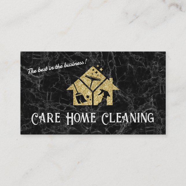 Gold Glitter Cleaning Icons | Black Marble   Business Card (Front)