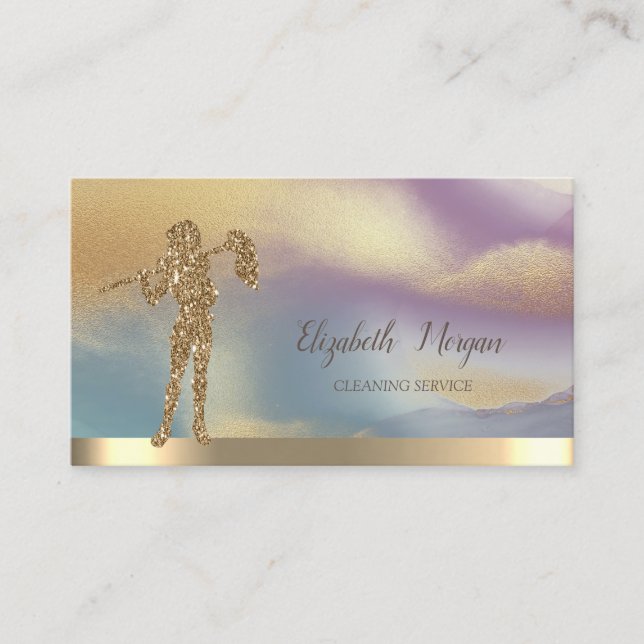 Gold Glitter Cleaning Lady Colourful Business Card (Front)