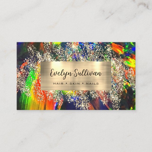 Gold glitter colourful black opal business card (Front)