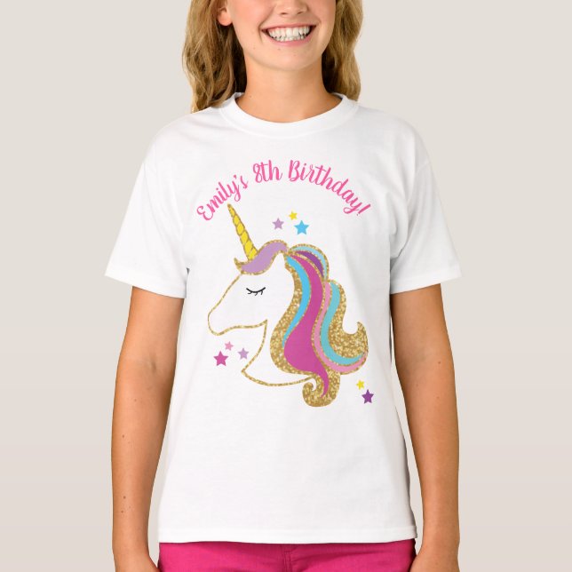 Gold Glitter Colourful Unicorn Custom Birthday T-Shirt (Front)