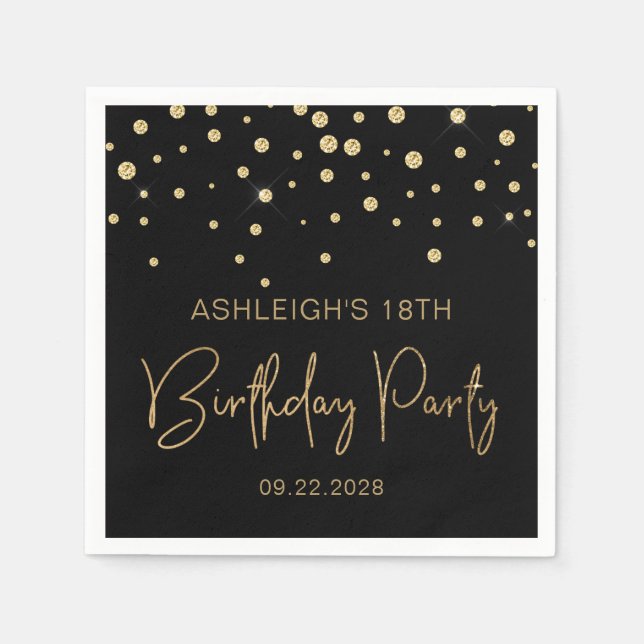 Gold Glitter Confetti 18th Birthday Party Black Napkin (Front)