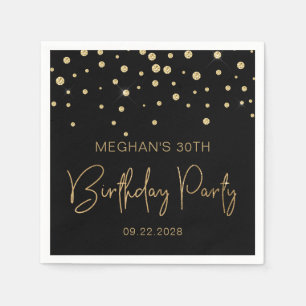 Gold Glitter Confetti 30th Birthday Party Black Napkin