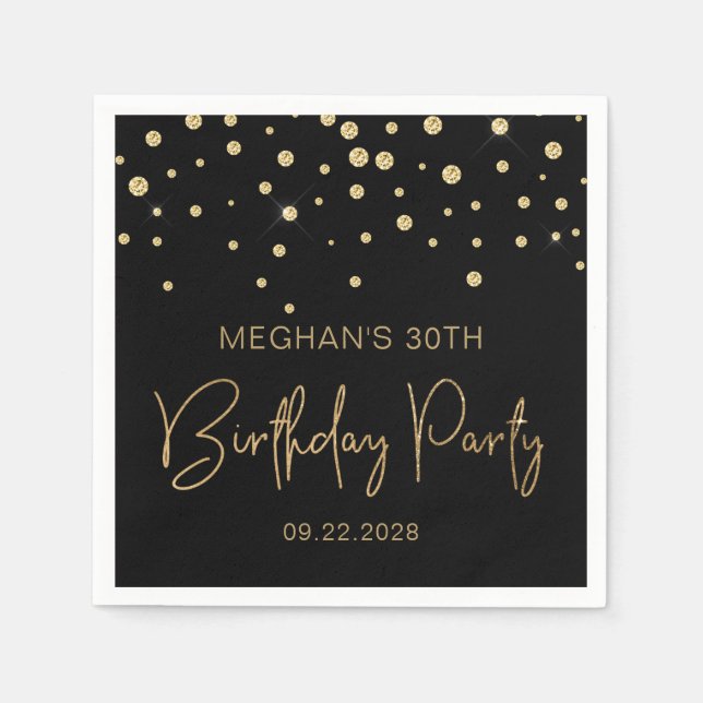 Gold Glitter Confetti 30th Birthday Party Black Napkin (Front)