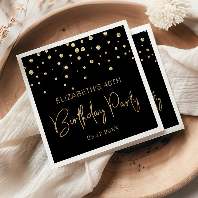 Gold Glitter Confetti 40th Birthday Party Black Napkin (Creator Uploaded)