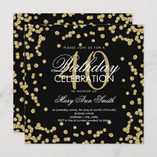 Gold Glitter Confetti 40th Birthday White Black Invitation