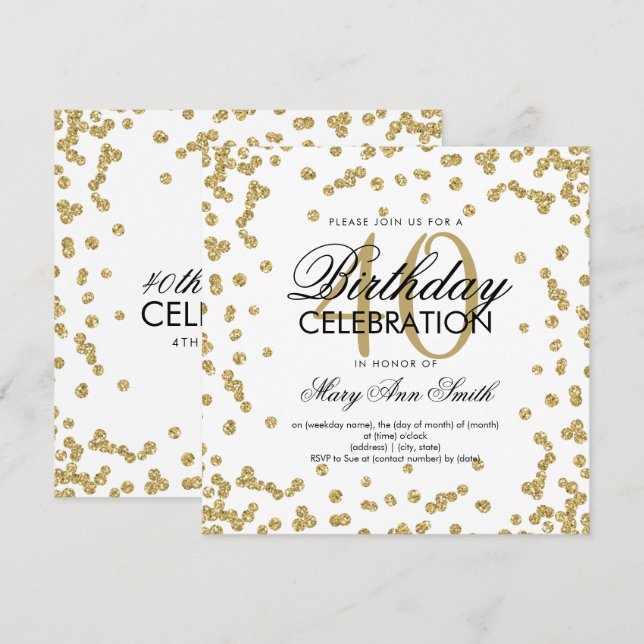 Gold Glitter Confetti 40th Birthday White Invitation (Front/Back)