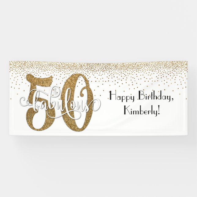Gold Glitter Confetti 50 & Fabulous Happy Birthday Banner (Horizontal)