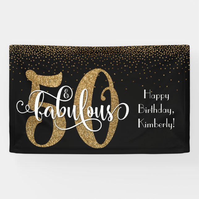 Gold Glitter Confetti 50 & Fabulous Happy Birthday Banner (Horizontal)