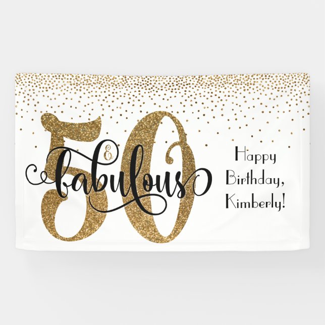 Gold Glitter Confetti 50 & Fabulous Happy Birthday Banner (Horizontal)