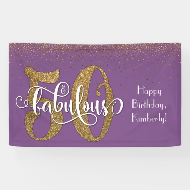 Gold Glitter Confetti 50 & Fabulous Purple Banner (Horizontal)