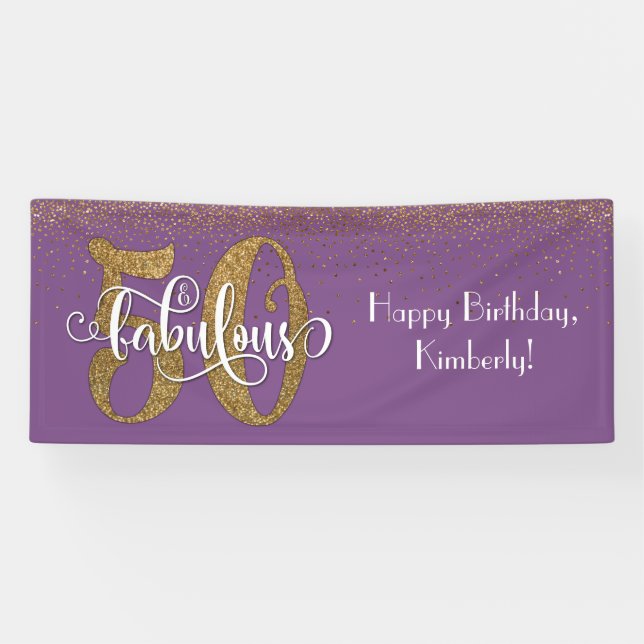 Gold Glitter Confetti 50 & Fabulous, Purple Banner (Horizontal)